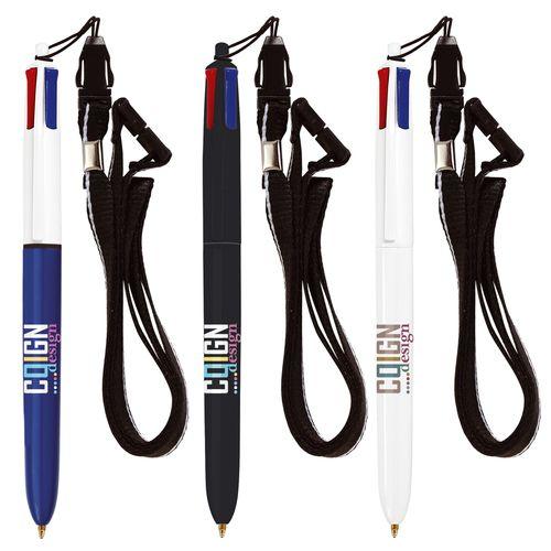 Achat BIC® 4 Colours bille + Lanyard - Made in France - blanc