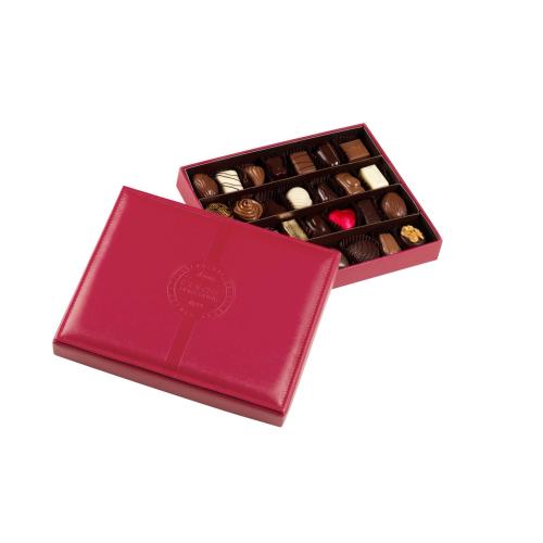 Achat Boîte cuir rouge garnie 28 chocolats assortis  sans alcool - 